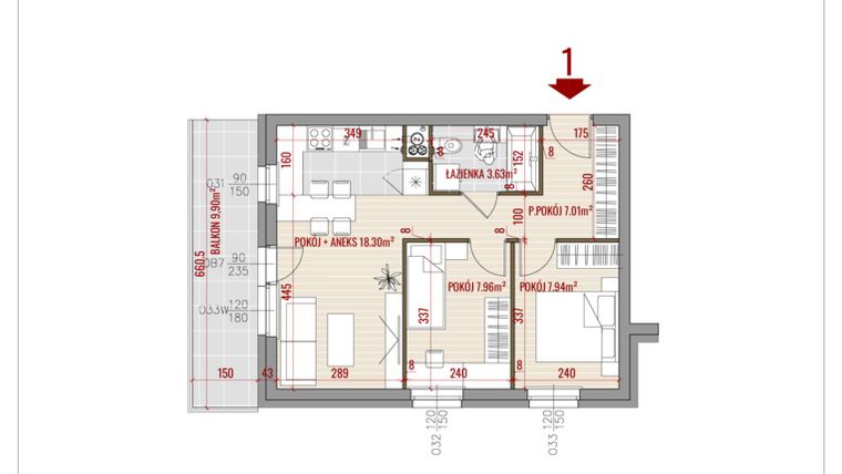 Rzut - Mieszkanie na sprzedaż 3 pokoje o powierzchni 44,84 m² - numer 1 w Zalesie