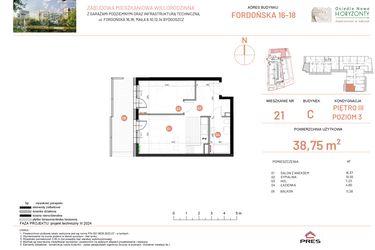 Rzut - Mieszkanie na sprzedaż 2 pokoje o powierzchni 38,75 m² - numer 18.21 w Osiedle Nowe Horyzonty etap II