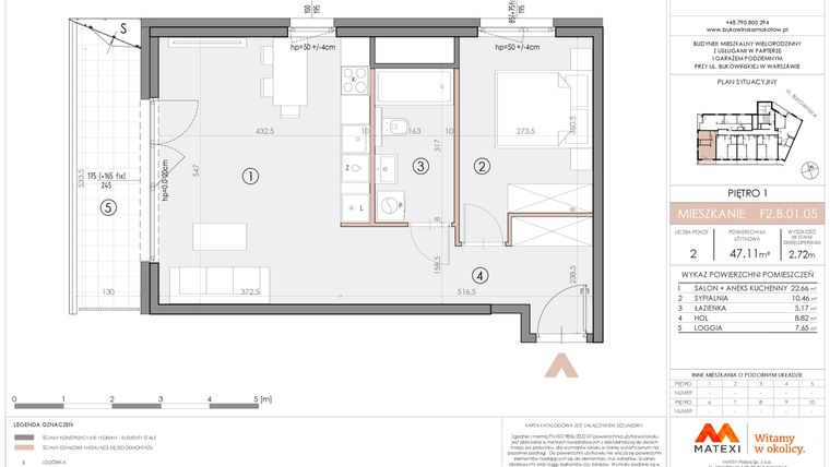 Rzut - Mieszkanie na sprzedaż 2 pokoje o powierzchni 47,11 m² - numer F2.B.01.05 w Bukowińska Mokotów etap 2