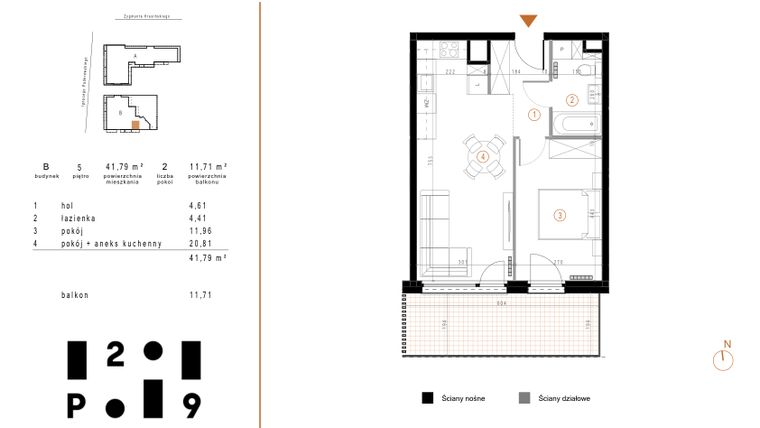Rzut - Mieszkanie na sprzedaż 2 pokoje o powierzchni 41,79 m² - numer B47 w Paderewskiego 29