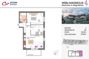 Rzut - Mieszkanie na sprzedaż 3 pokoje o powierzchni 57,86 m² - numer Bud.9-5 w Willa Magnolia