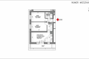 Rzut - Mieszkanie na sprzedaż 3 pokoje o powierzchni 52,87 m² - numer 1m.14 w Osiedle Rytm