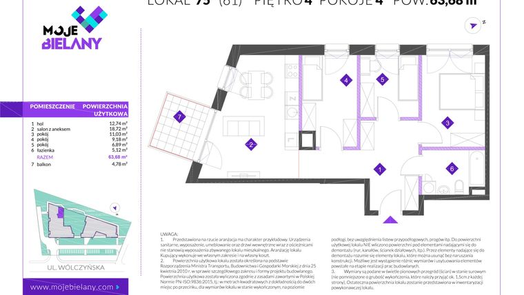 Rzut - Mieszkanie na sprzedaż 4 pokoje o powierzchni 63,68 m² - numer 75 w Moje Bielany