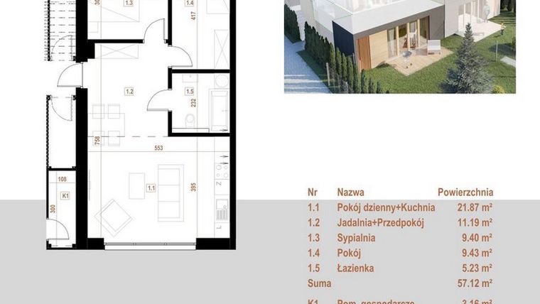 Rzut - Mieszkanie na sprzedaż 4 pokoje o powierzchni 57,12 m² - numer 12.1 w Osiedle Dębowe