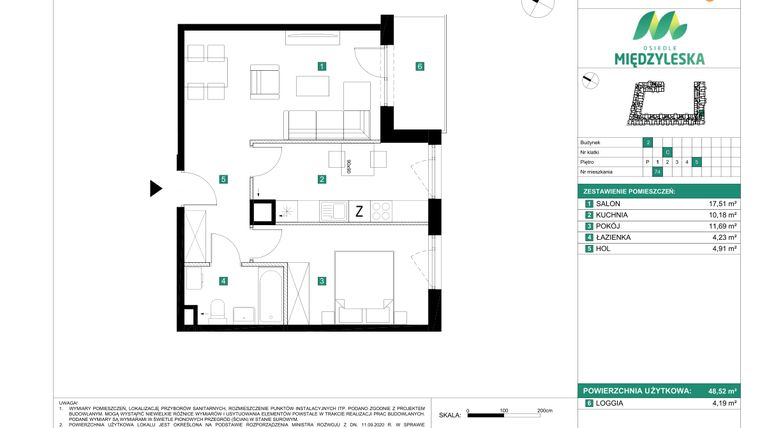 Rzut - Mieszkanie na sprzedaż 2 pokoje o powierzchni 48,52 m² - numer 74 w Osiedle Międzyleska - etap II