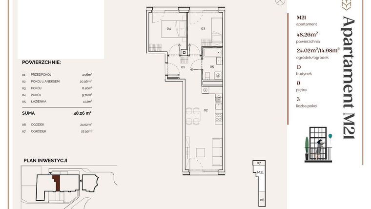 Rzut - Mieszkanie na sprzedaż 3 pokoje o powierzchni 48,22 m² - numer D.21 w Młyny Mogilska