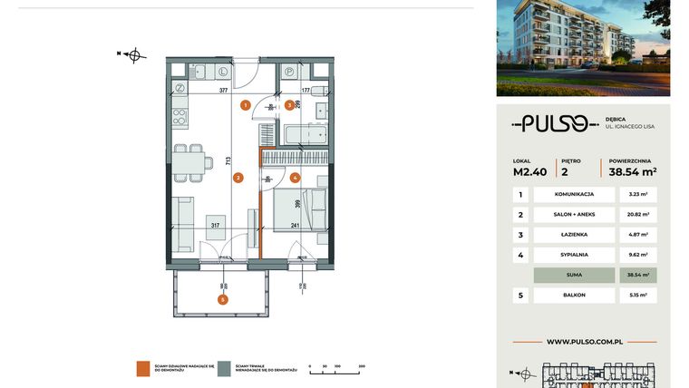 Rzut - Mieszkanie na sprzedaż 2 pokoje o powierzchni 38,54 m² - numer M2.40 w Pulso