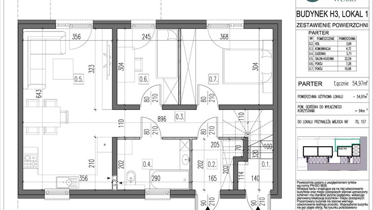 Rzut - Mieszkanie na sprzedaż 3 pokoje o powierzchni 54,97 m² - numer H3.1 w Spokojna Wólka etap V