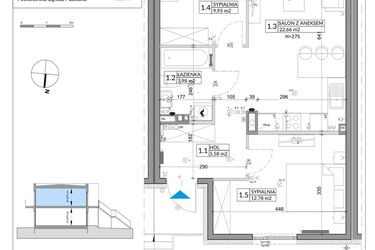 Rzut - Mieszkanie na sprzedaż 3 pokoje o powierzchni 56,89 m² - numer 56B w Osiedle Młodych etap IX