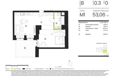 Rzut - Mieszkanie na sprzedaż 2 pokoje o powierzchni 53,02 m² - numer B.0.3 w Ogrody Staromiejskie