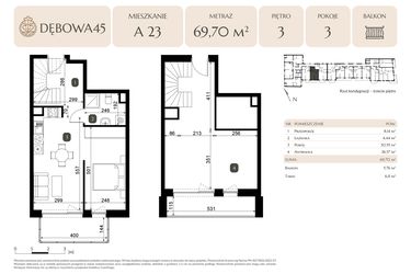 Rzut - Mieszkanie na sprzedaż 2 pokoje o powierzchni 69,7 m² - numer A.23 w Dębowa 45