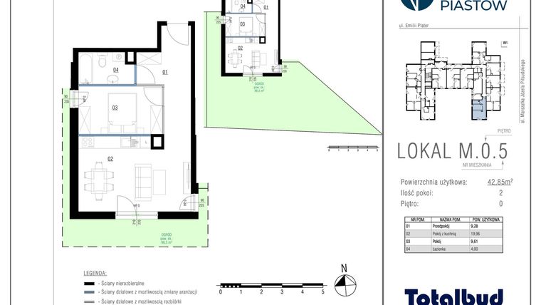 Rzut - Mieszkanie na sprzedaż 2 pokoje o powierzchni 42,85 m² - numer M.0.5 w Viva Piastów