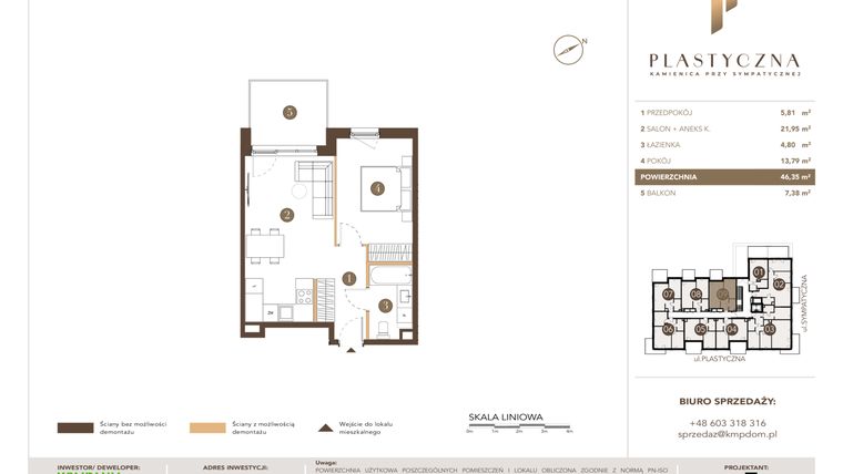 Rzut - Mieszkanie na sprzedaż 2 pokoje o powierzchni 46,35 m² - numer PK-LM-09 w Plastyczna Kamienica przy Sympatycznej