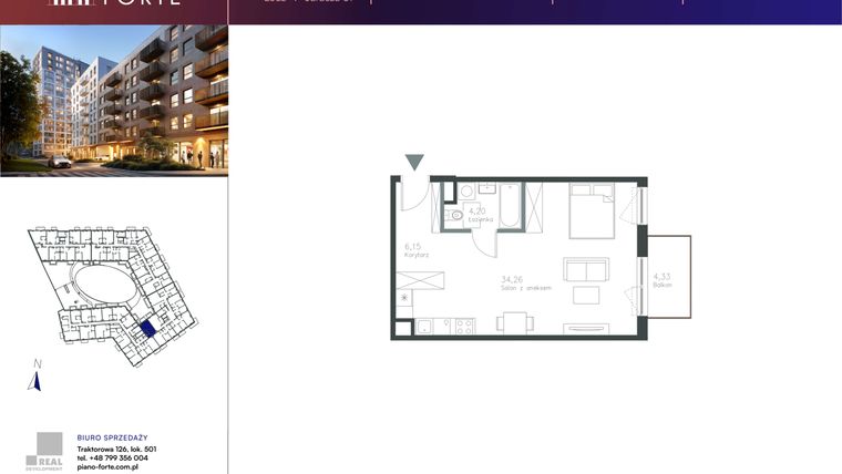 Rzut - Mieszkanie na sprzedaż 1 pokój o powierzchni 44,61 m² - numer D.1.122 w Piano