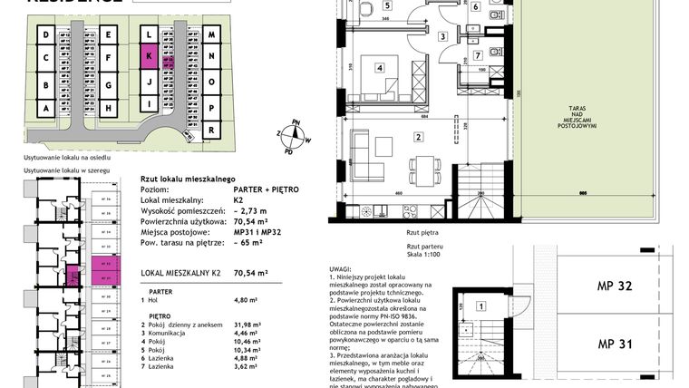 Rzut - Mieszkanie na sprzedaż 3 pokoje o powierzchni 70,54 m² - numer K2 w Złotno Residence