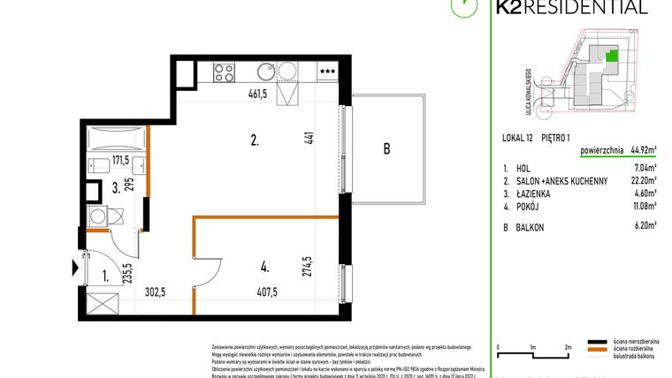 Rzut - Mieszkanie na sprzedaż 2 pokoje o powierzchni 44,92 m² - numer 12 w Kowalskiego 37