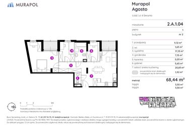 Rzut - Mieszkanie na sprzedaż 2 pokoje o powierzchni 68,33 m² - numer 2.A.1.04 w Murapol Agosto