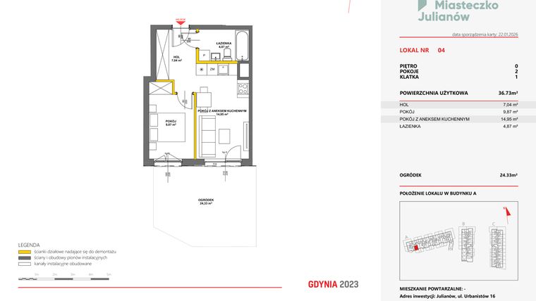 Rzut - Mieszkanie na sprzedaż 2 pokoje o powierzchni 36,52 m² - numer 4 w Miasteczko Julianów