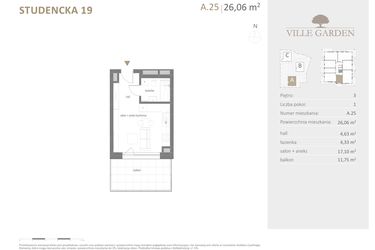 Rzut - Mieszkanie na sprzedaż 1 pokój o powierzchni 26,06 m² - numer A.25 w Ville Garden