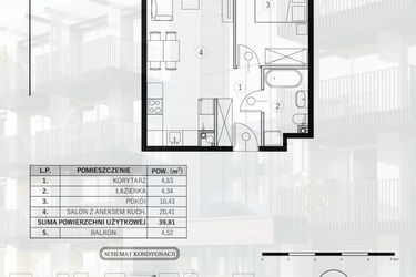 Rzut - Mieszkanie na sprzedaż 2 pokoje o powierzchni 39,81 m² - numer 29 w Młody Straszyn Park VI - bud. B