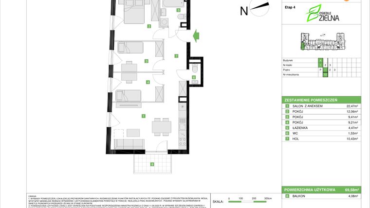 Rzut - Mieszkanie na sprzedaż 4 pokoje o powierzchni 69,58 m² - numer A.12 w Osiedle Zielna IV