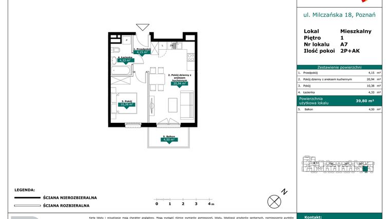 Rzut - Mieszkanie na sprzedaż 2 pokoje o powierzchni 39,8 m² - numer A7 w Milczańska 18