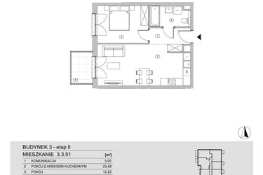 Rzut - Mieszkanie na sprzedaż 2 pokoje o powierzchni 45,98 m² - numer 3.3.51 w ATAL Apollina II