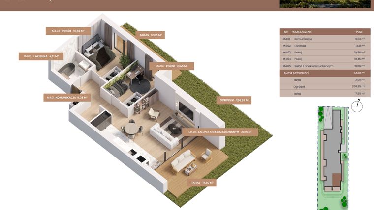 Rzut - Mieszkanie na sprzedaż 1 pokój o powierzchni 63,8 m² - numer 4 w Apartamenty Częstochowska