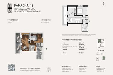 Rzut - Mieszkanie na sprzedaż 2 pokoje o powierzchni 43,99 m² - numer 33 w Banacha 12