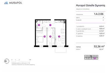 Rzut - Mieszkanie na sprzedaż 2 pokoje o powierzchni 52,26 m² - numer 1.A.2.06 w Murapol Osiedle Dynamiq