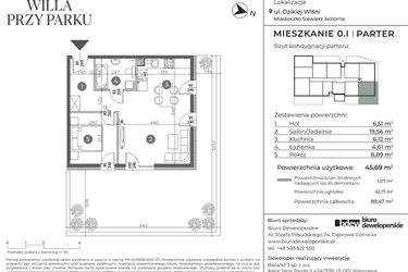 Rzut - Mieszkanie na sprzedaż 3 pokoje o powierzchni 45,69 m² - numer 0.I w Willa przy parku