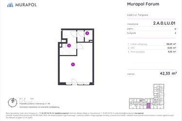 Rzut - Lokal użytkowy na sprzedaż 1 pokój o powierzchni 42,33 m² - numer 2.A.0.LU.01 w Murapol Forum