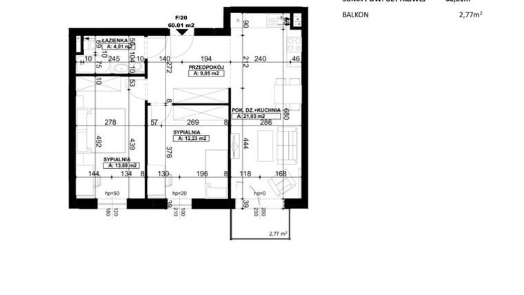 Rzut - Mieszkanie na sprzedaż 3 pokoje o powierzchni 59,65 m² - numer F/20 w Stara Mleczarnia