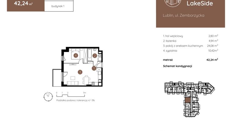 Rzut - Mieszkanie na sprzedaż 2 pokoje o powierzchni 42,24 m² - numer 1.B.1.09 w Murapol LakeSide