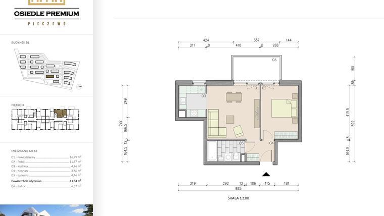 Rzut - Mieszkanie na sprzedaż 2 pokoje o powierzchni 41,54 m² - numer B1.18 w Osiedle Premium etap IV