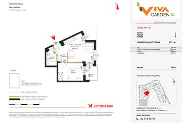 Rzut - Mieszkanie na sprzedaż 2 pokoje o powierzchni 39,77 m² - numer 19 w Viva Garden 14