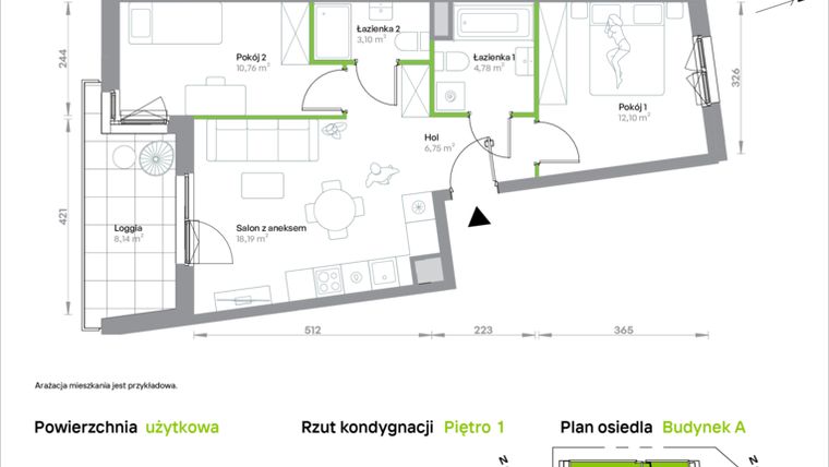 Rzut - Mieszkanie na sprzedaż 3 pokoje o powierzchni 55,68 m² - numer A/1/19 w Krakowska Vita