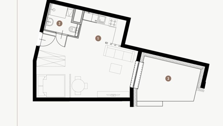 Rzut - Mieszkanie na sprzedaż 1 pokój o powierzchni 36,43 m² - numer II.2.20 w Tuwima Apartments