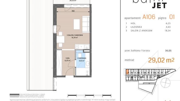 Rzut - Mieszkanie na sprzedaż 1 pokój o powierzchni 29,02 m² - numer A106 w Baltic Jet