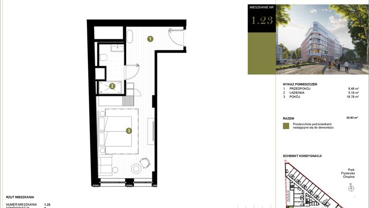 Rzut - Mieszkanie na sprzedaż 1 pokój o powierzchni 32,45 m² - numer 123 w Y3 Signature Hotel
