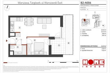 Rzut - Mieszkanie na sprzedaż 2 pokoje o powierzchni 42,29 m² - numer B2-A006 w Warszawski Świt etap IX
