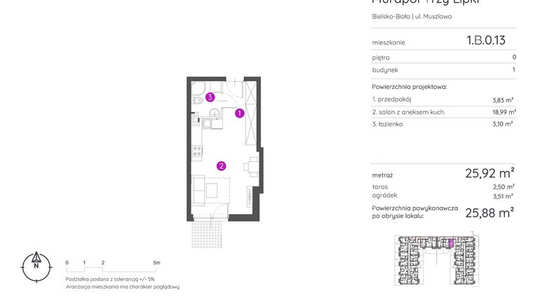 Rzut - Mieszkanie na sprzedaż 1 pokój o powierzchni 25,88 m² - numer 1.B.0.13 w Murapol Trzy Lipki