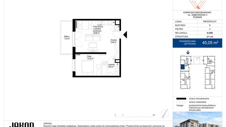 Rzut - Mieszkanie na sprzedaż 2 pokoje o powierzchni 40,05 m² - numer D.D85 w Wieruszowska D