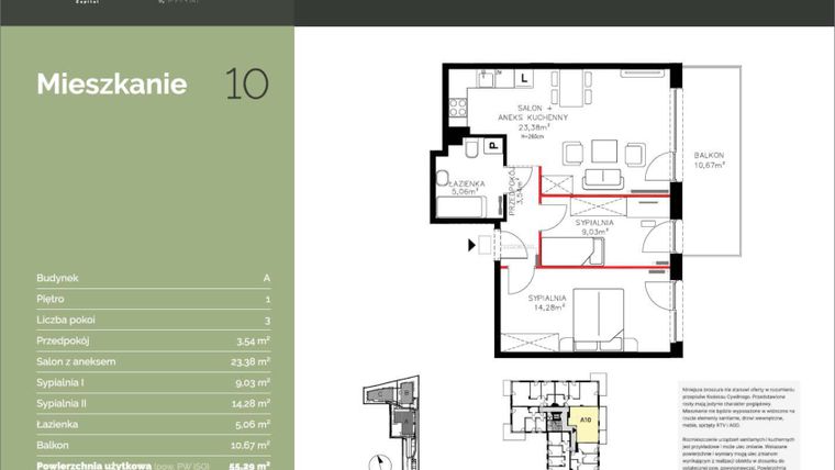 Rzut - Mieszkanie na sprzedaż 3 pokoje o powierzchni 55,29 m² - numer A10 w Stawowa Residence - etap V