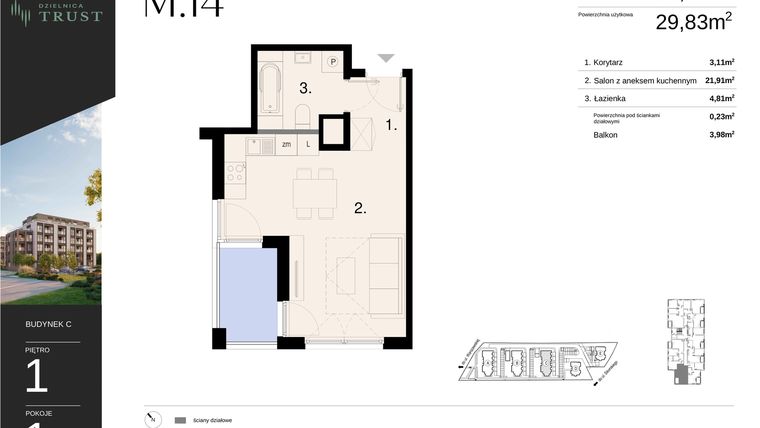 Rzut - Mieszkanie na sprzedaż 1 pokój o powierzchni 30,06 m² - numer C - M.14 w Dzielnica Trust - etap I