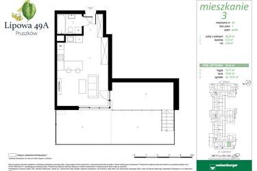 Rzut - Mieszkanie na sprzedaż 1 pokój o powierzchni 33,4 m² - numer 3A w Lipowa 49A