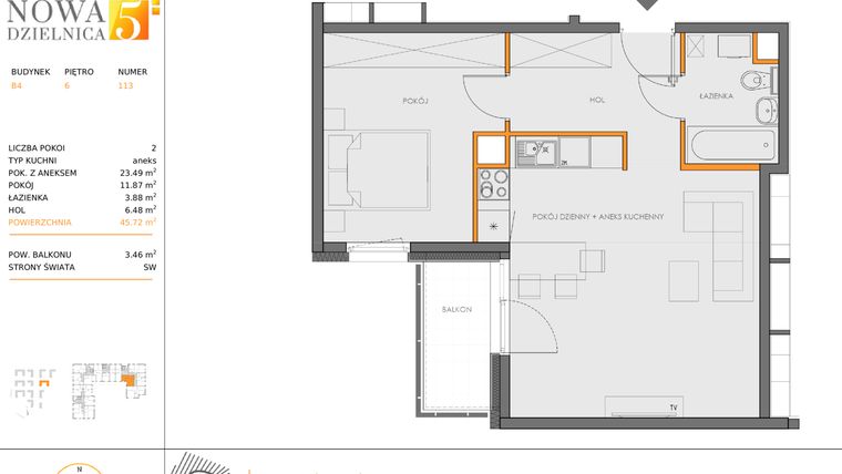 Rzut - Mieszkanie na sprzedaż 2 pokoje o powierzchni 45,72 m² - numer B4.113 w Nowa 5 Dzielnica