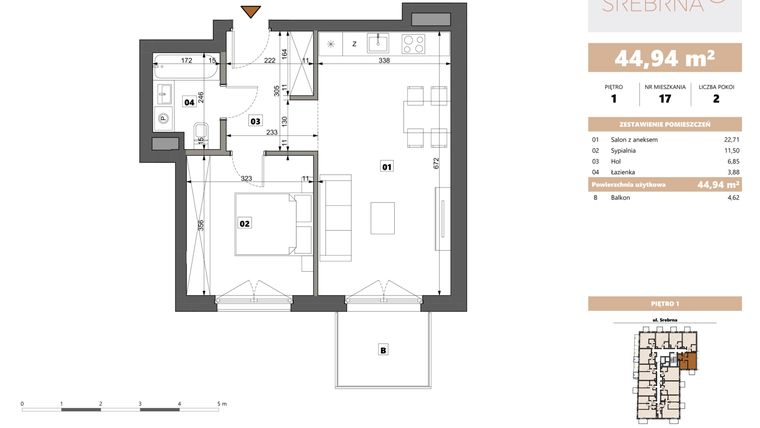 Rzut - Mieszkanie na sprzedaż 2 pokoje o powierzchni 44,94 m² - numer 17 w Srebrna 5