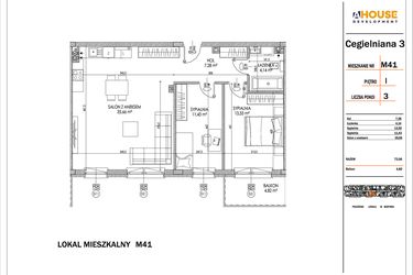 Rzut - Mieszkanie na sprzedaż 3 pokoje o powierzchni 72,06 m² - numer 41 w Osiedle StaLove etap I