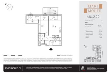 Rzut - Mieszkanie na sprzedaż 3 pokoje o powierzchni 52,26 m² - numer MU.2.22 w Marimonte - lokale inwestycyjne